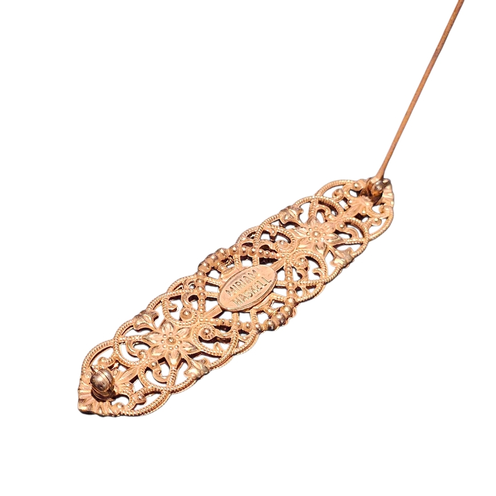 Miriam Haskell Gilded Filigree Bar Pin Vintage Gold Tone Floral Signed - Picture 9 of 9